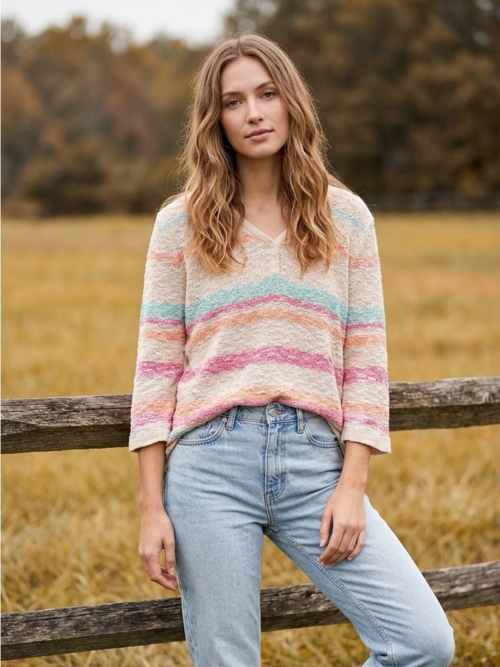 CJ Banks Cream V-Neck Sweater with Pastel Stripes